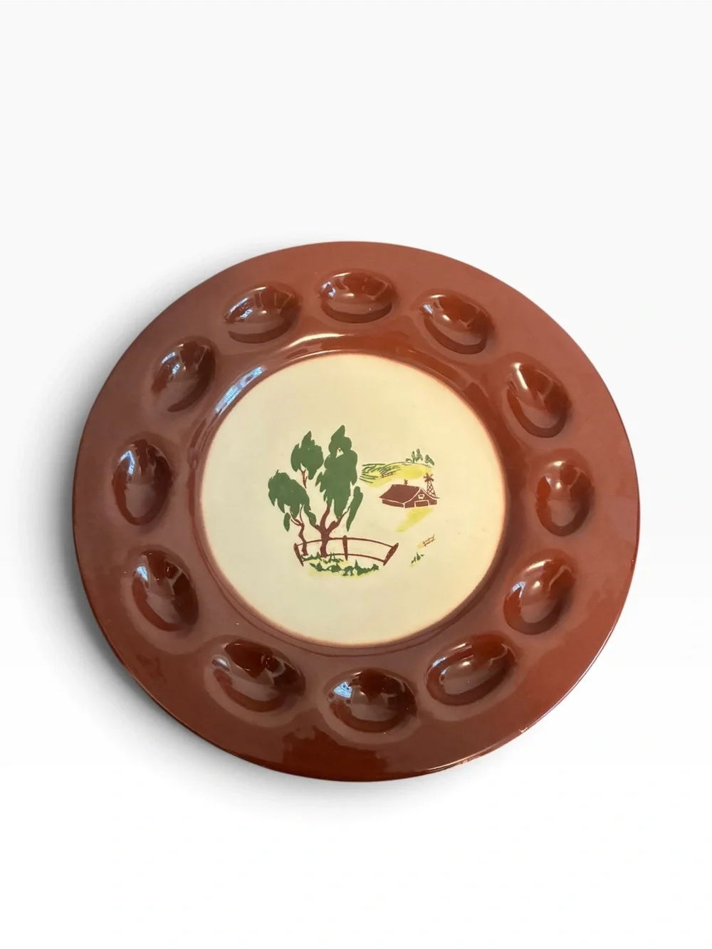 Vintage Brock of California Deviled Egg Platter Farm Scene Brown Ceramic Tray